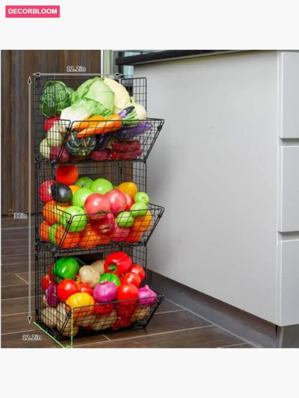 3-Tier Wall Mounted Wire Basket with Hooks and Chalkboards Kitchen Storage